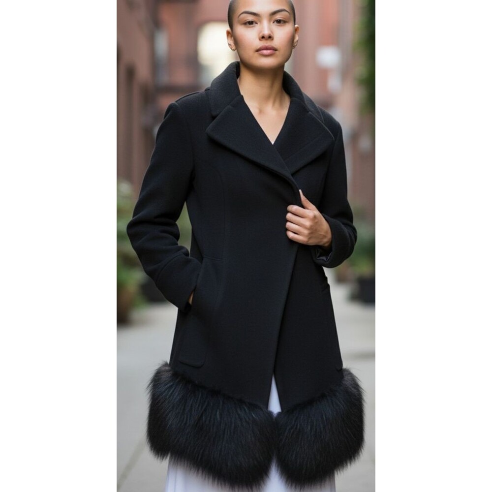 DESIGNER NINA RICCI BLACK WOOL BLEND FOX FUR HEM NOTCHED LAPELS POCKETS COAT XL
